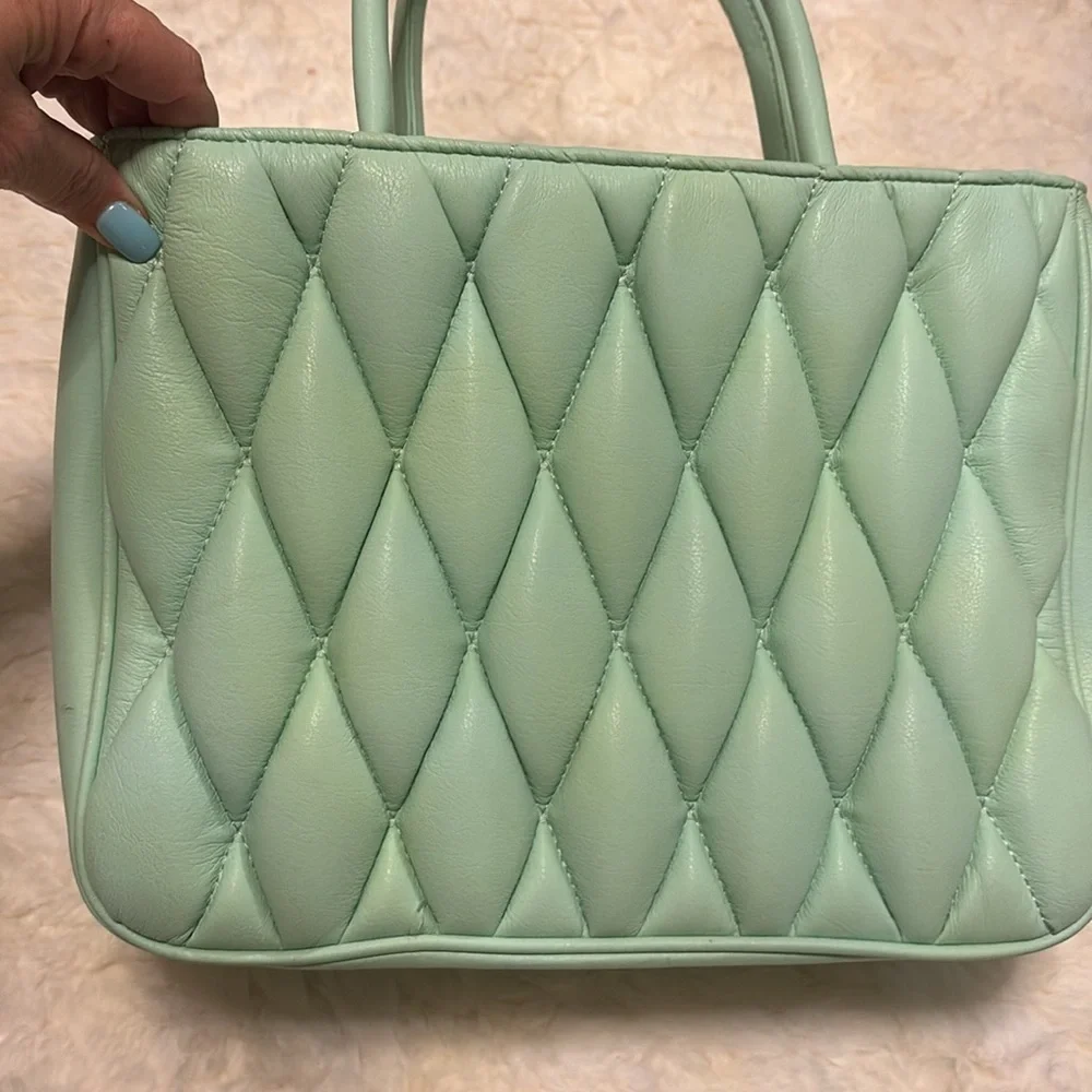 Ecostitch vegan leather Mint Grn puffy woven Tote top handles cross body strap
